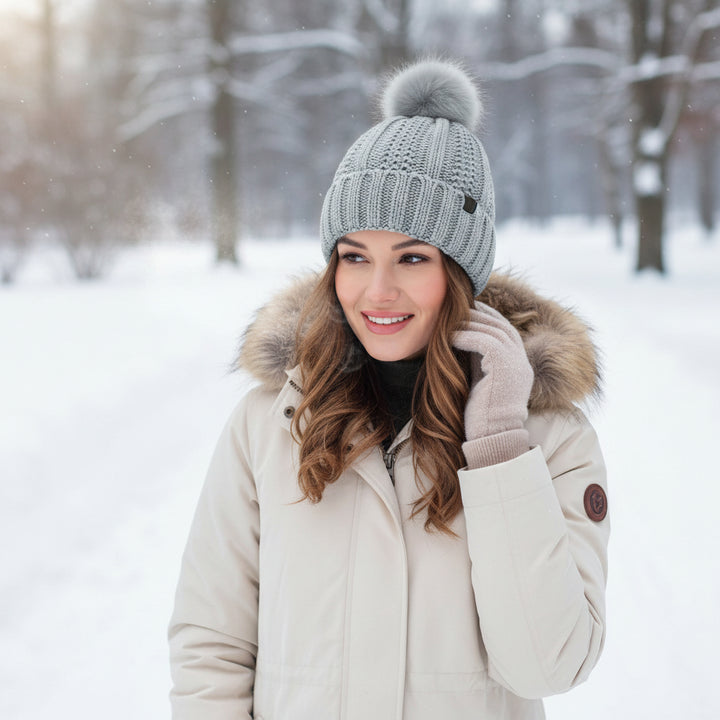 Women’s Winter Knitted Beanie with Faux Fur Pom Pom-Vyana Collective
