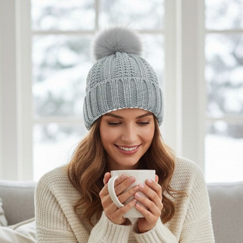 Women’s Winter Knitted Beanie with Faux Fur Pom Pom-Vyana Collective