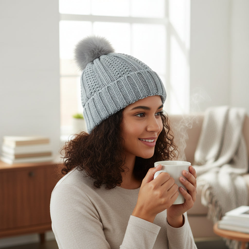 Women’s Winter Knitted Beanie with Faux Fur Pom Pom-Vyana Collective