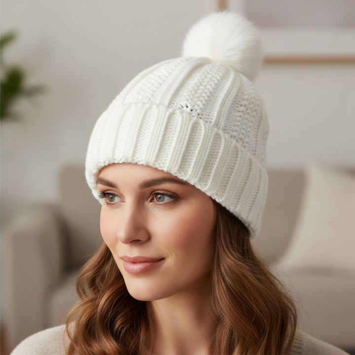 Women’s Winter Knitted Beanie with Faux Fur Pom Pom-Vyana Collective