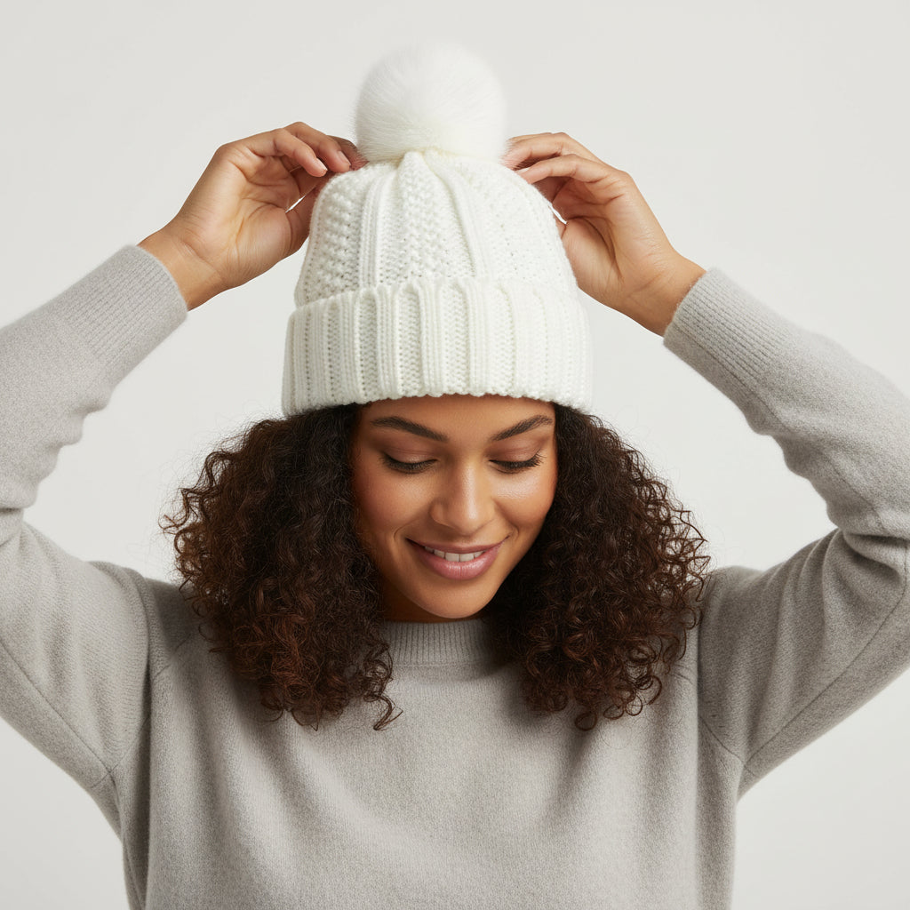 Women’s Winter Knitted Beanie with Faux Fur Pom Pom-Vyana Collective