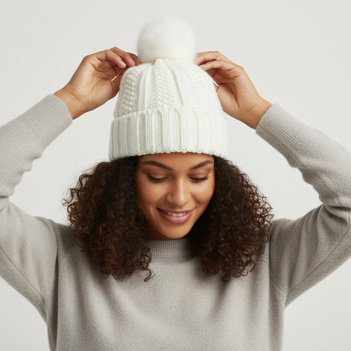 Women’s Winter Knitted Beanie with Faux Fur Pom Pom-Vyana Collective