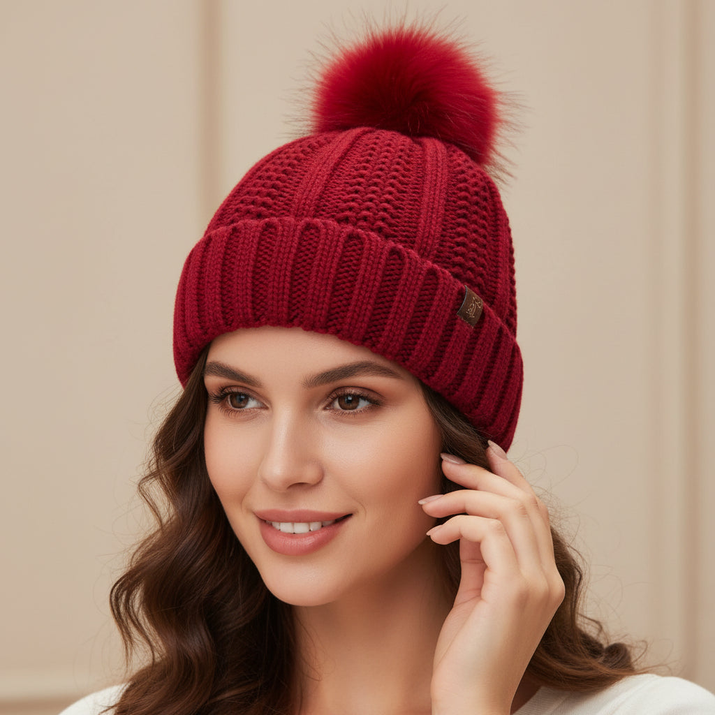 Women’s Winter Knitted Beanie with Faux Fur Pom Pom-Vyana Collective