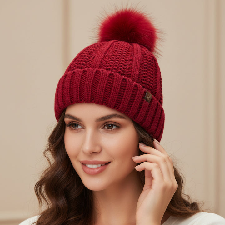 Women’s Winter Knitted Beanie with Faux Fur Pom Pom-Vyana Collective