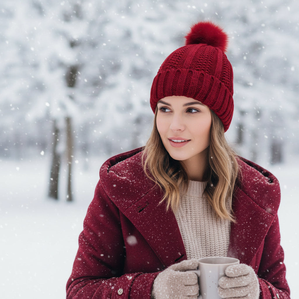 Women’s Winter Knitted Beanie with Faux Fur Pom Pom-Vyana Collective