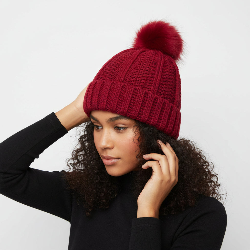 Women’s Winter Knitted Beanie with Faux Fur Pom Pom-Vyana Collective