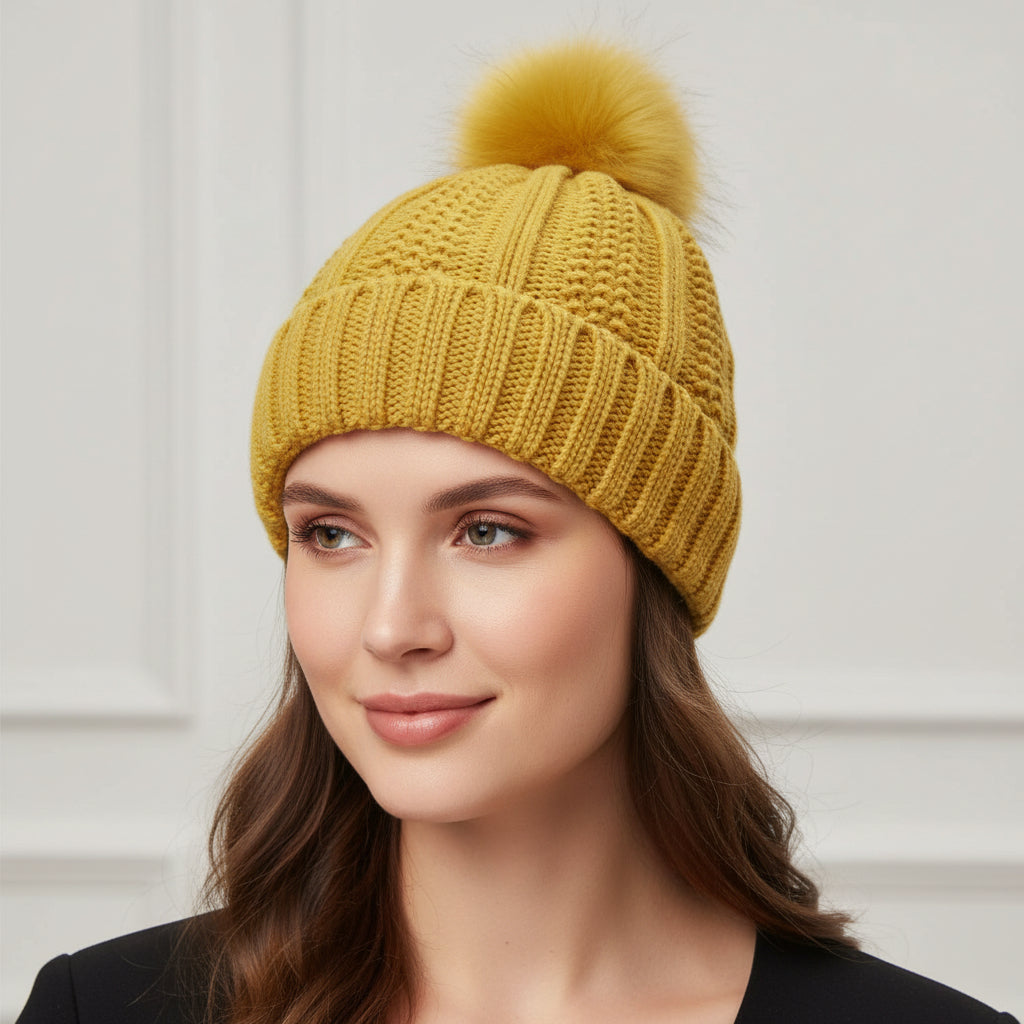 Women’s Winter Knitted Beanie with Faux Fur Pom Pom-Vyana Collective