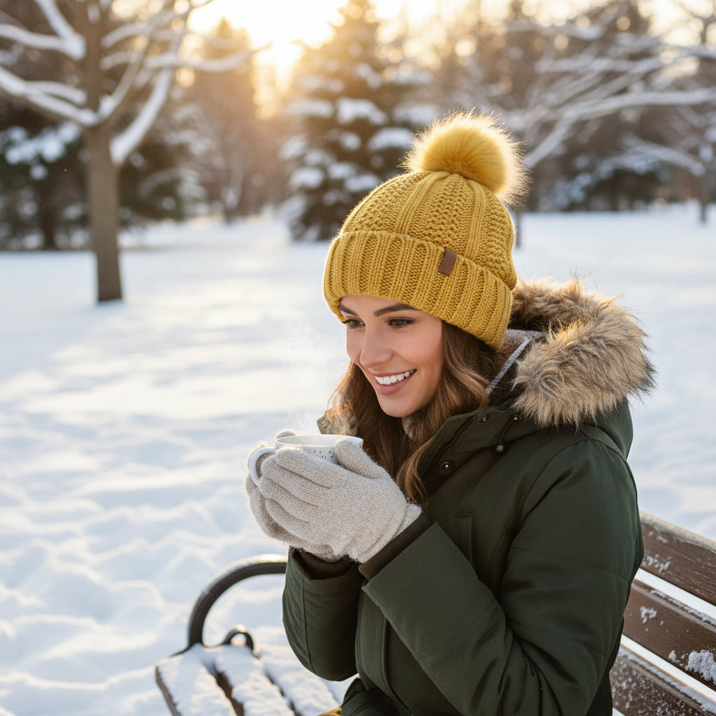 Women’s Winter Knitted Beanie with Faux Fur Pom Pom-Vyana Collective