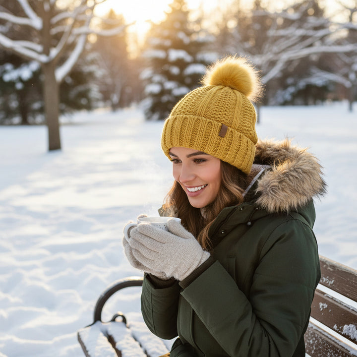 Women’s Winter Knitted Beanie with Faux Fur Pom Pom-Vyana Collective