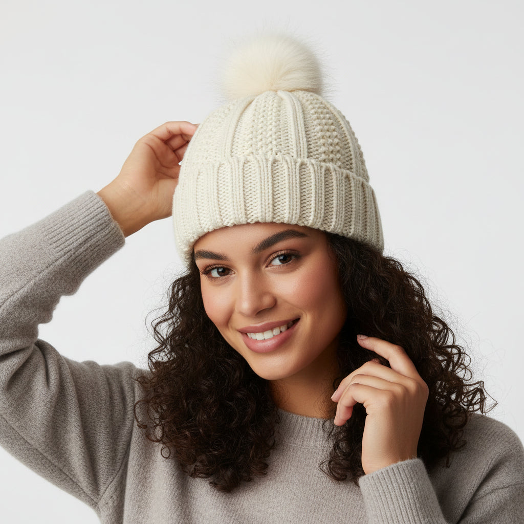 Women’s Winter Knitted Beanie with Faux Fur Pom Pom-Vyana Collective
