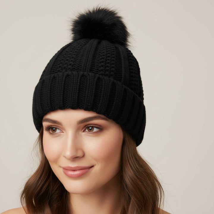 Women’s Winter Knitted Beanie with Faux Fur Pom Pom-Vyana Collective