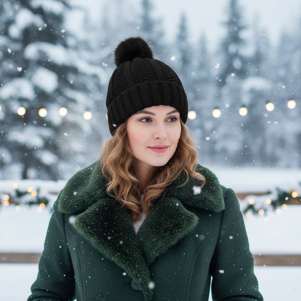 Women’s Winter Knitted Beanie with Faux Fur Pom Pom-Vyana Collective