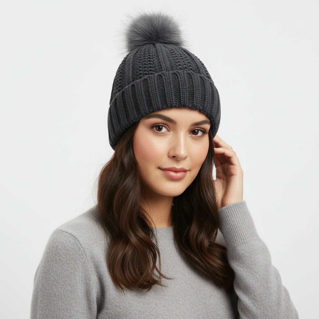 Women’s Winter Knitted Beanie with Faux Fur Pom Pom-Vyana Collective