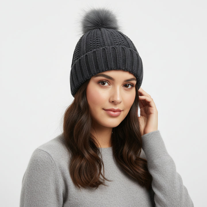 Women’s Winter Knitted Beanie with Faux Fur Pom Pom-Vyana Collective
