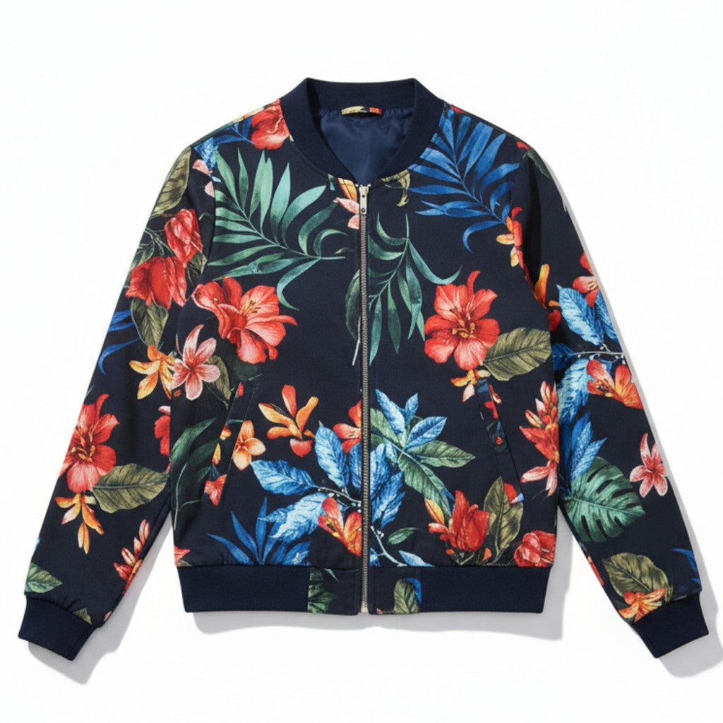 Women's Zip-Up Botanical Print Jacket-Vyana Collective