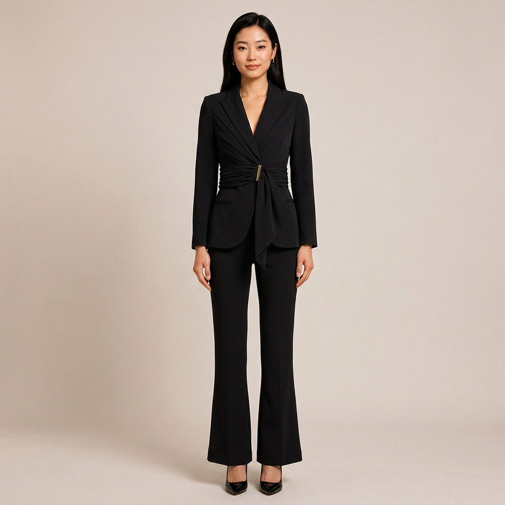 Wrap Waist Tailored Blazer and Flared Pants Suit Set for Meetings Ready and Modern Executive Style Women-Vyana Collective