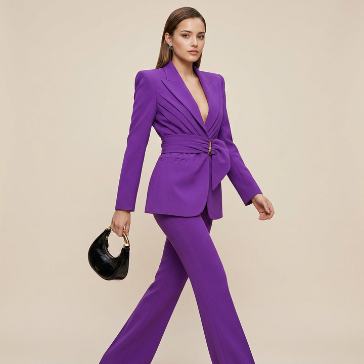 Wrap Waist Tailored Blazer and Flared Pants Suit Set for Meetings Ready and Modern Executive Style Women-Vyana Collective