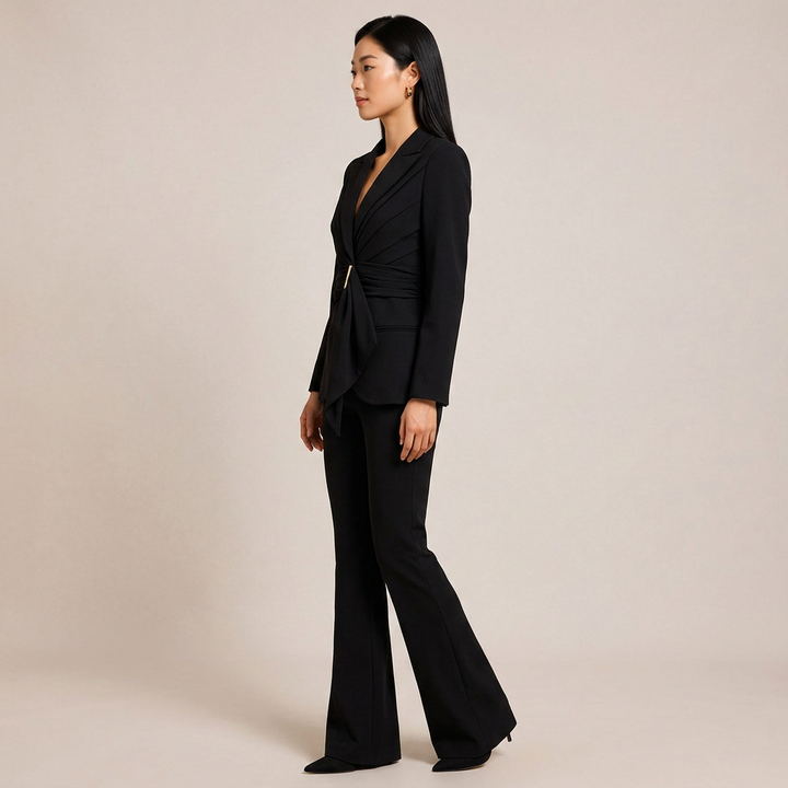 Wrap Waist Tailored Blazer and Flared Pants Suit Set for Meetings Ready and Modern Executive Style Women-Vyana Collective