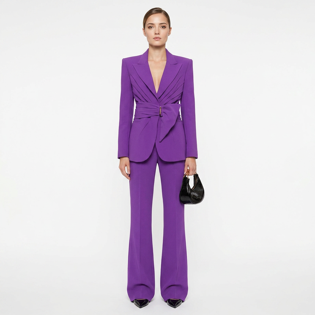 Wrap Waist Tailored Blazer and Flared Pants Suit Set for Meetings Ready and Modern Executive Style Women-Vyana Collective