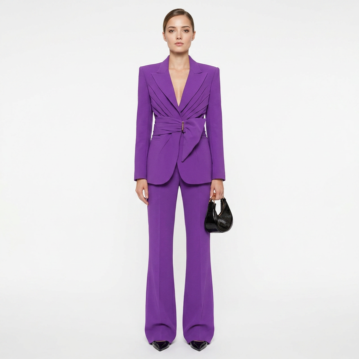 Wrap Waist Tailored Blazer and Flared Pants Suit Set for Meetings Ready and Modern Executive Style Women-Vyana Collective
