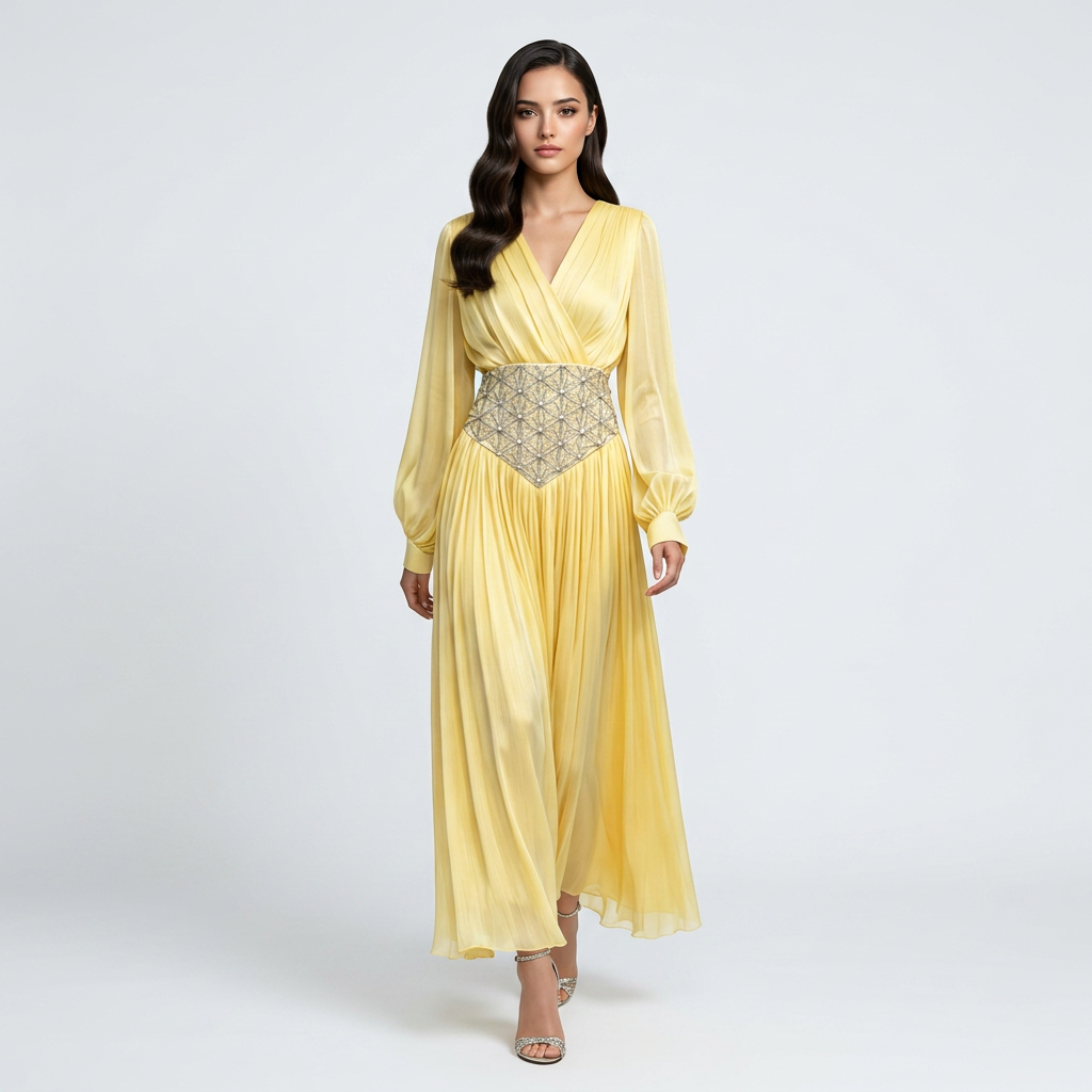 Yellow Beaded Corset Waist Long Sleeve Evening Gown-Vyana Collective