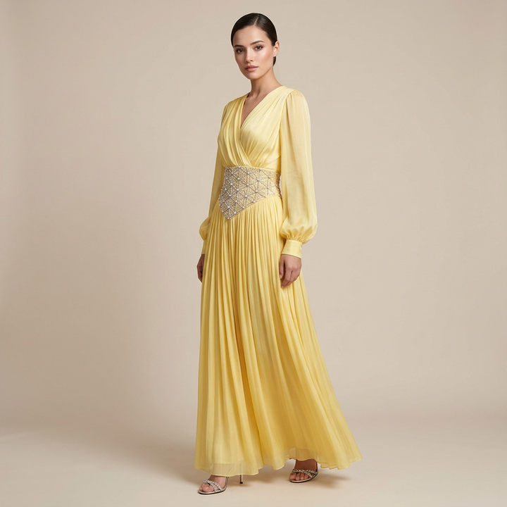 Yellow Beaded Corset Waist Long Sleeve Evening Gown-Vyana Collective