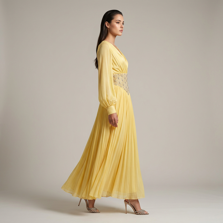Yellow Beaded Corset Waist Long Sleeve Evening Gown-Vyana Collective