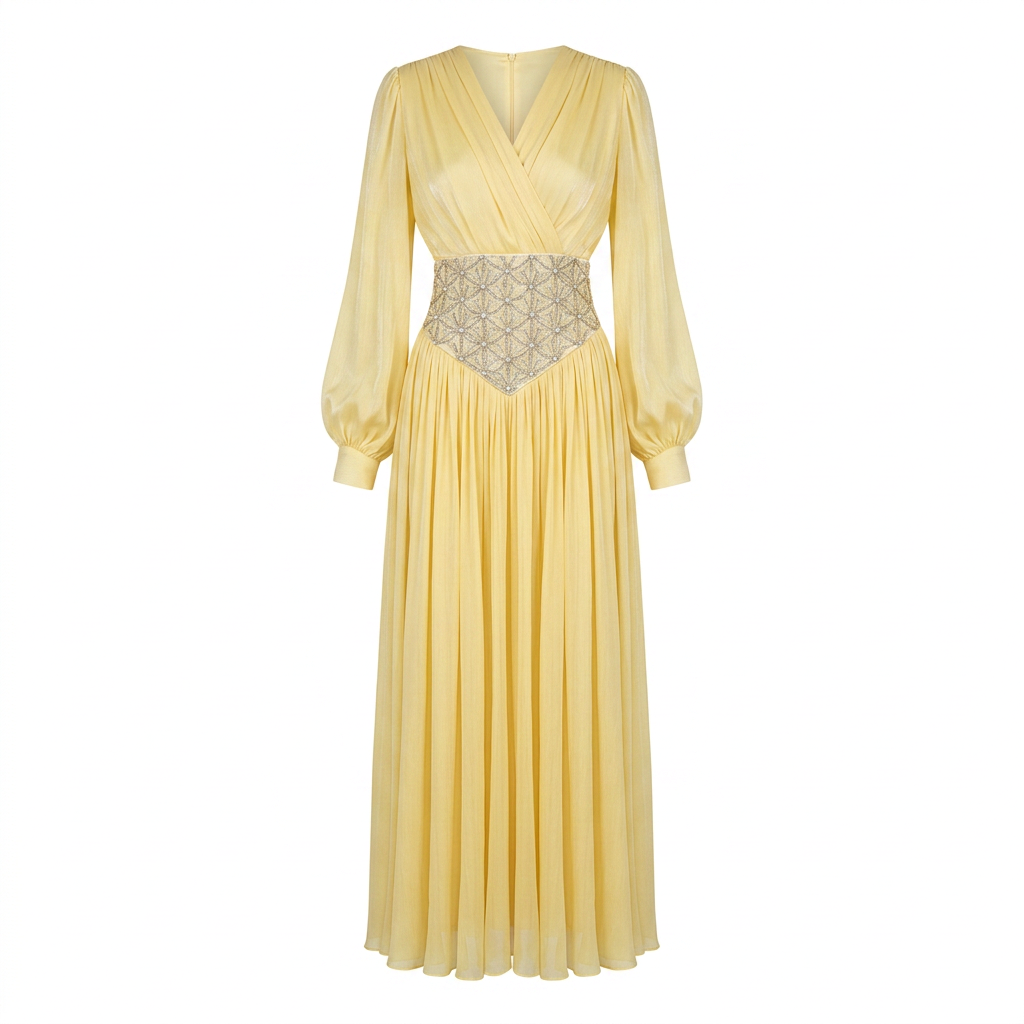 Yellow Beaded Corset Waist Long Sleeve Evening Gown-Vyana Collective