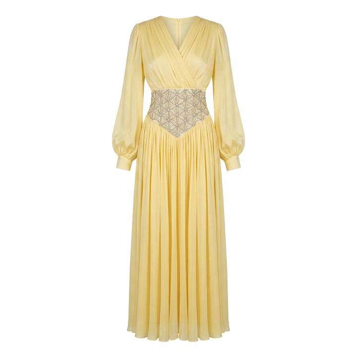 Yellow Beaded Corset Waist Long Sleeve Evening Gown-Vyana Collective