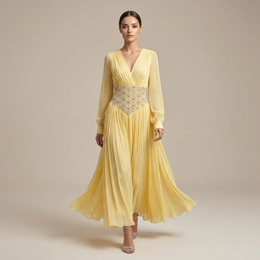 Yellow Beaded Corset Waist Long Sleeve Evening Gown-Vyana Collective