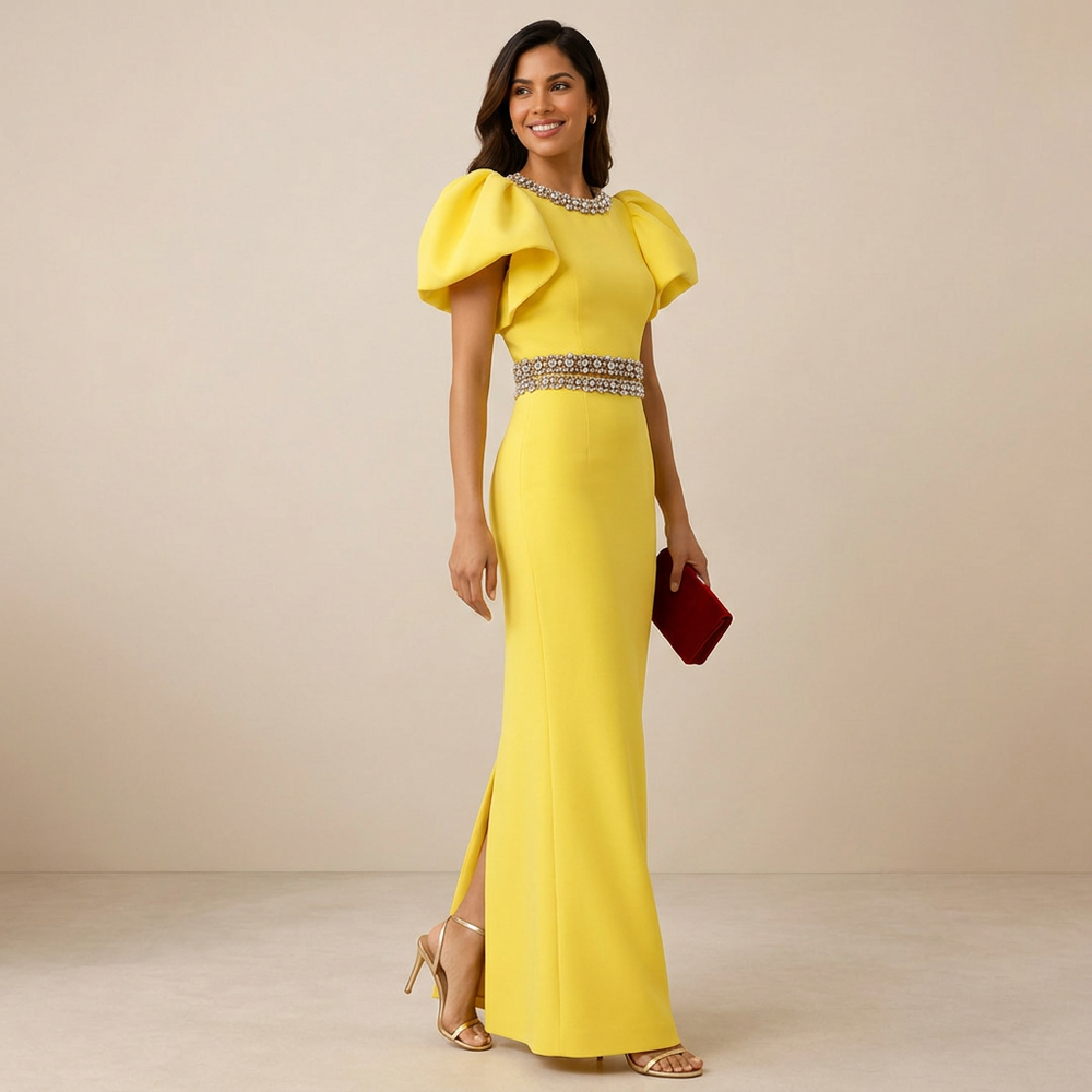 Yellow Crystal-Trim Puff-Sleeve Top and Midi Skirt Set-Vyana Collective