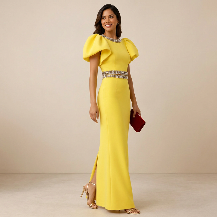 Yellow Crystal-Trim Puff-Sleeve Top and Midi Skirt Set-Vyana Collective