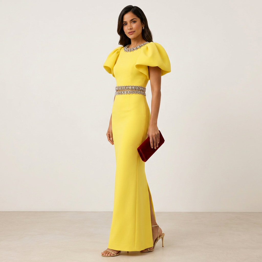Yellow Crystal-Trim Puff-Sleeve Top and Midi Skirt Set-Vyana Collective