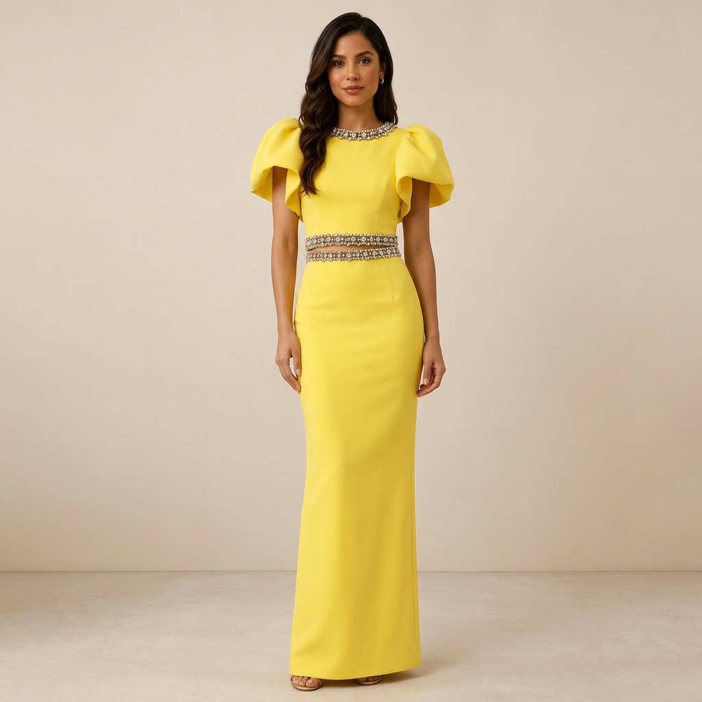 Yellow Crystal-Trim Puff-Sleeve Top and Midi Skirt Set-Vyana Collective