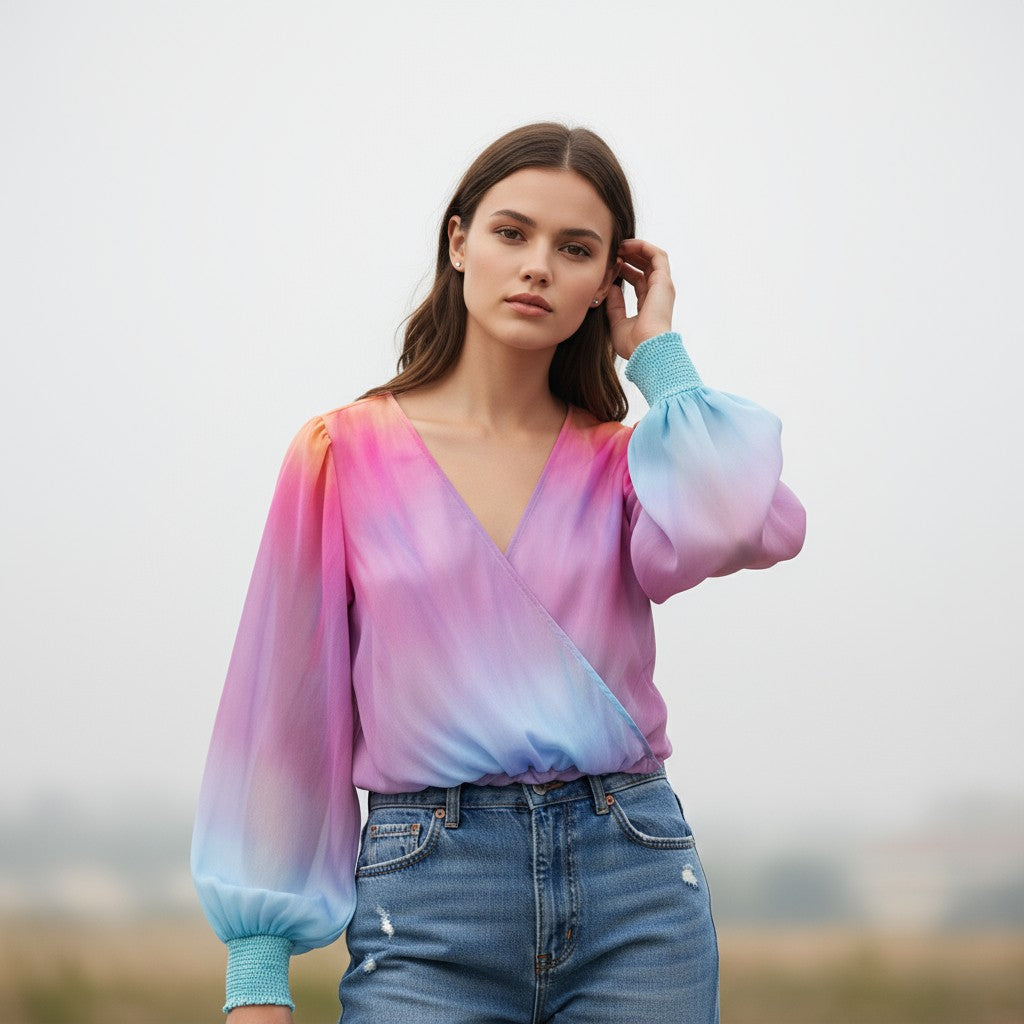 Women's 2025 Gradient V-Neck Blouse-Vyana Collective