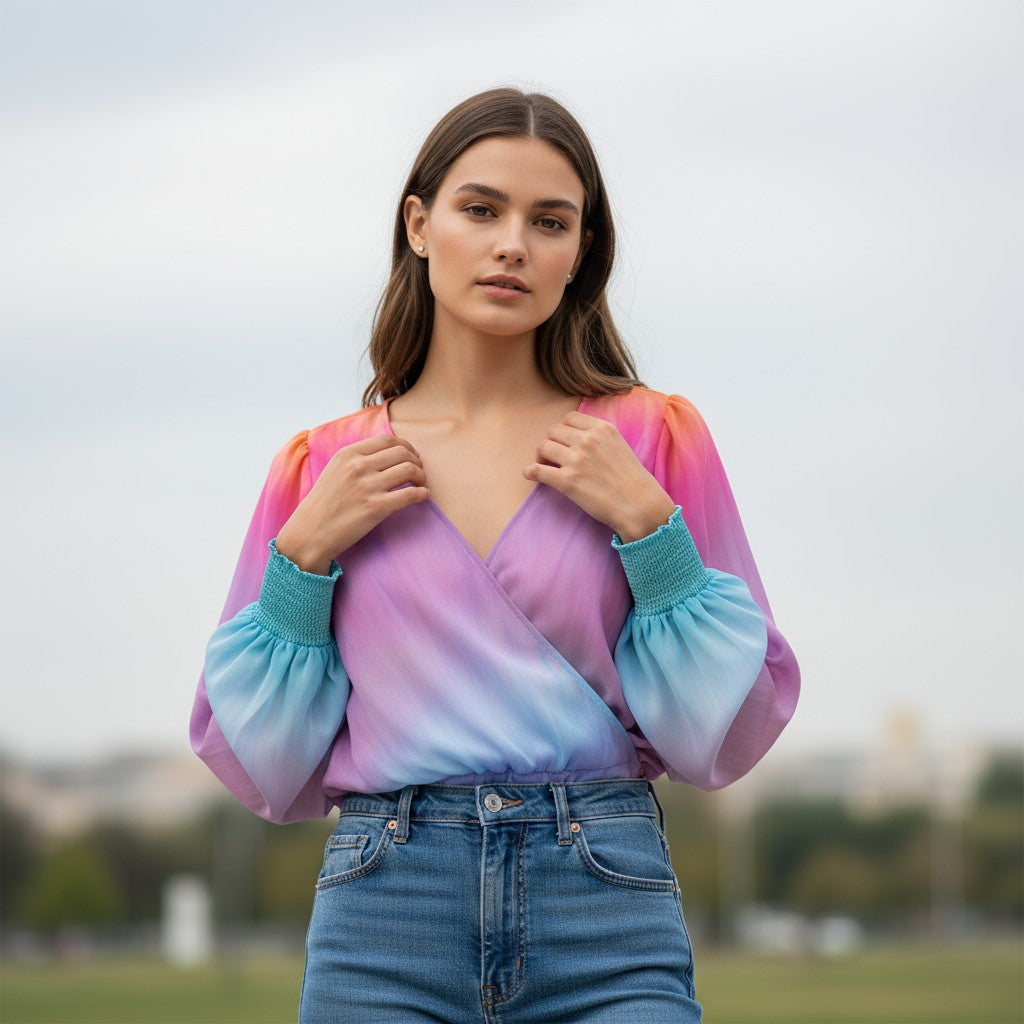 Women's 2025 Gradient V-Neck Blouse-Vyana Collective