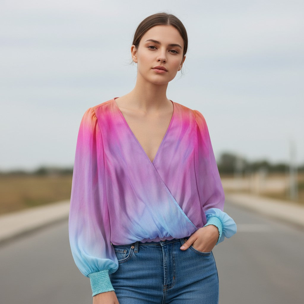 Women's 2025 Gradient V-Neck Blouse-Vyana Collective