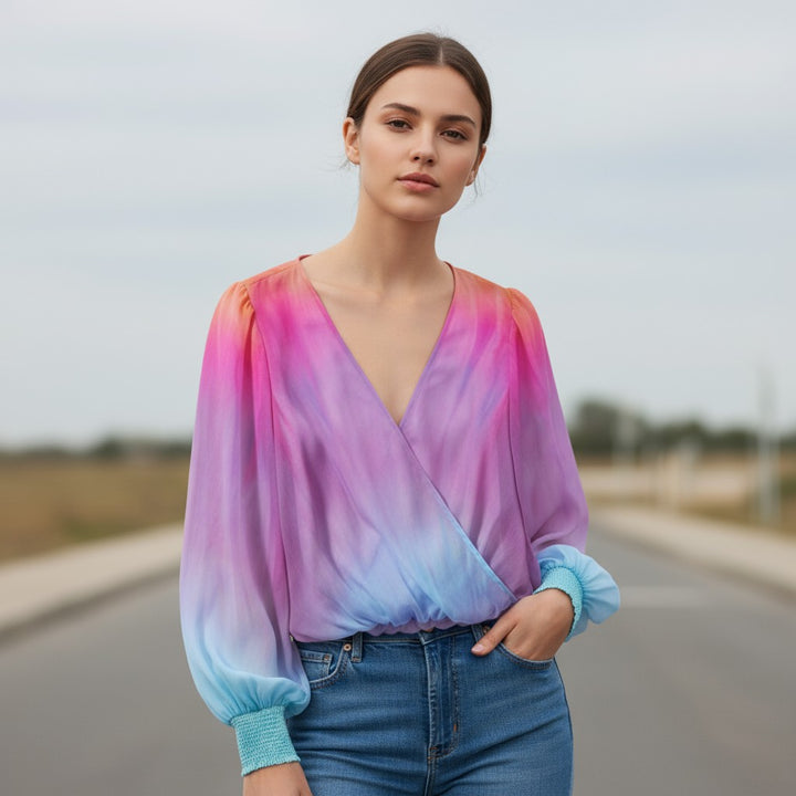 Women's 2025 Gradient V-Neck Blouse-Vyana Collective