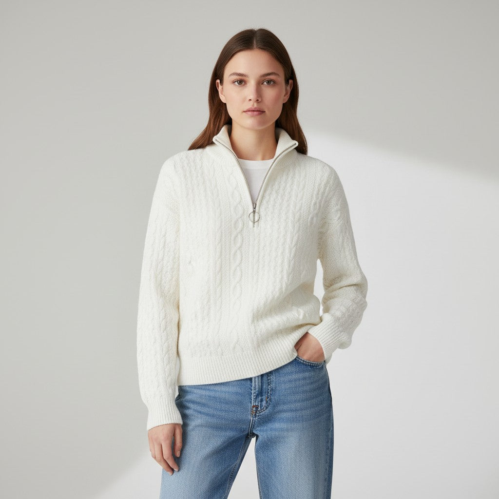 Women's Cable Knit Sweater with Zipper-Vyana Collective