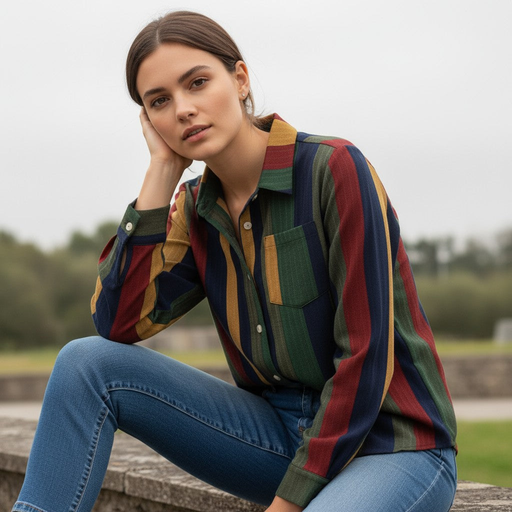 Women's Contrast Color Button-Down Blouse-Vyana Collective