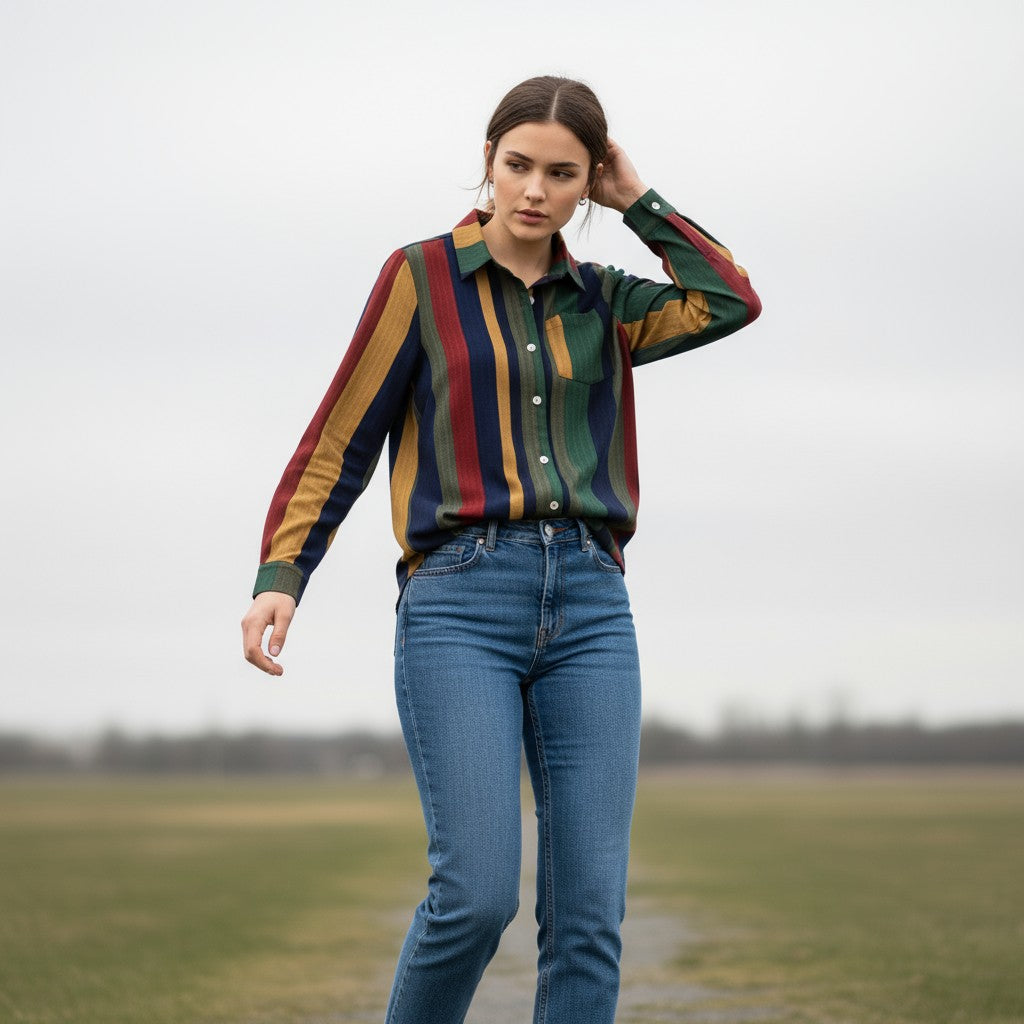 Women's Contrast Color Button-Down Blouse-Vyana Collective