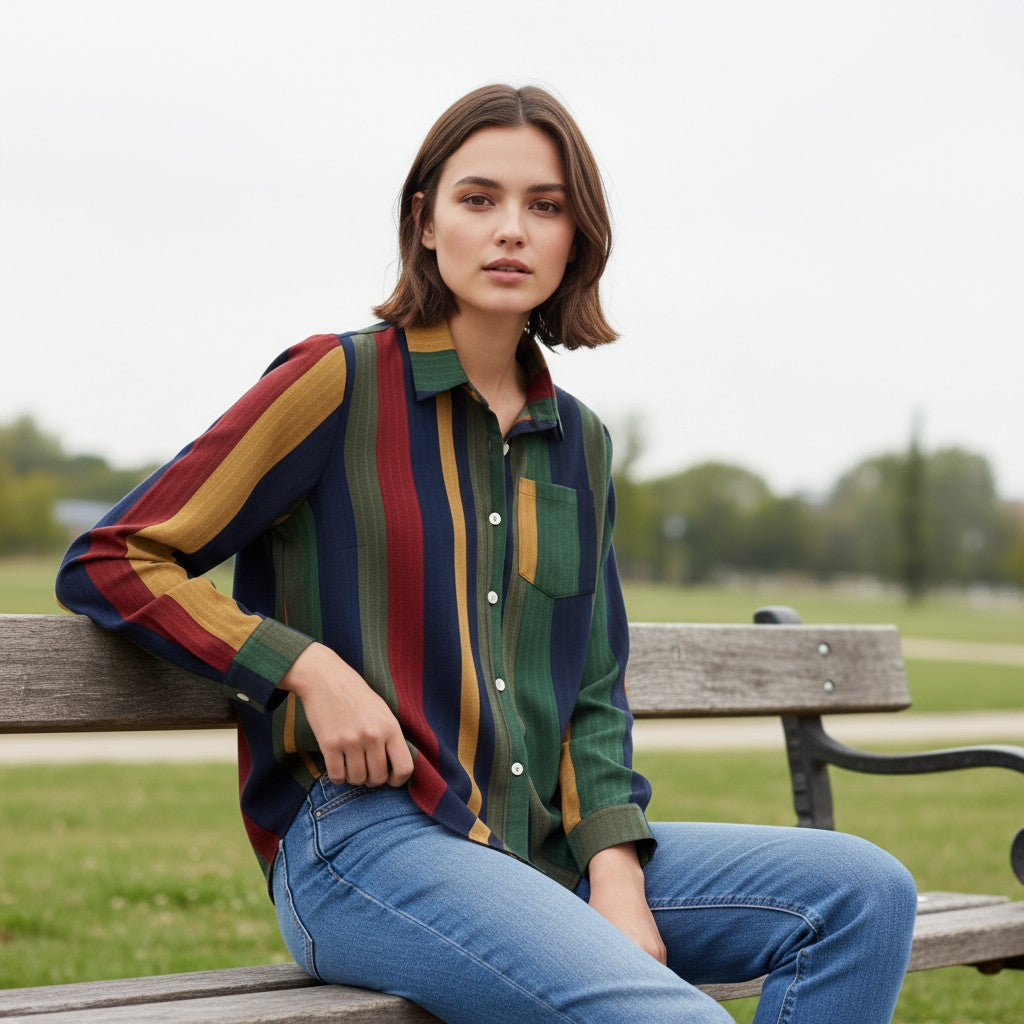 Women's Contrast Color Button-Down Blouse-Vyana Collective