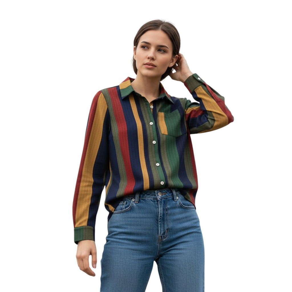 Women's Contrast Color Button-Down Blouse-Vyana Collective