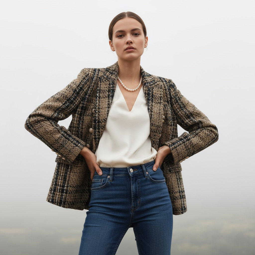 Women's Elegant Checkered Long Sleeve Blazer-Vyana Collective