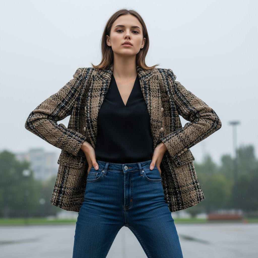 Women's Elegant Checkered Long Sleeve Blazer-Vyana Collective