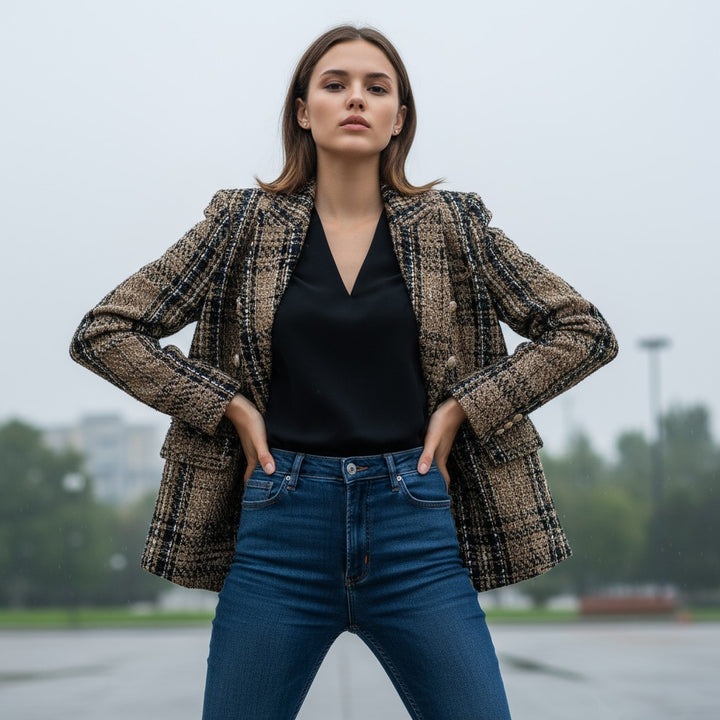 Women's Elegant Checkered Long Sleeve Blazer-Vyana Collective
