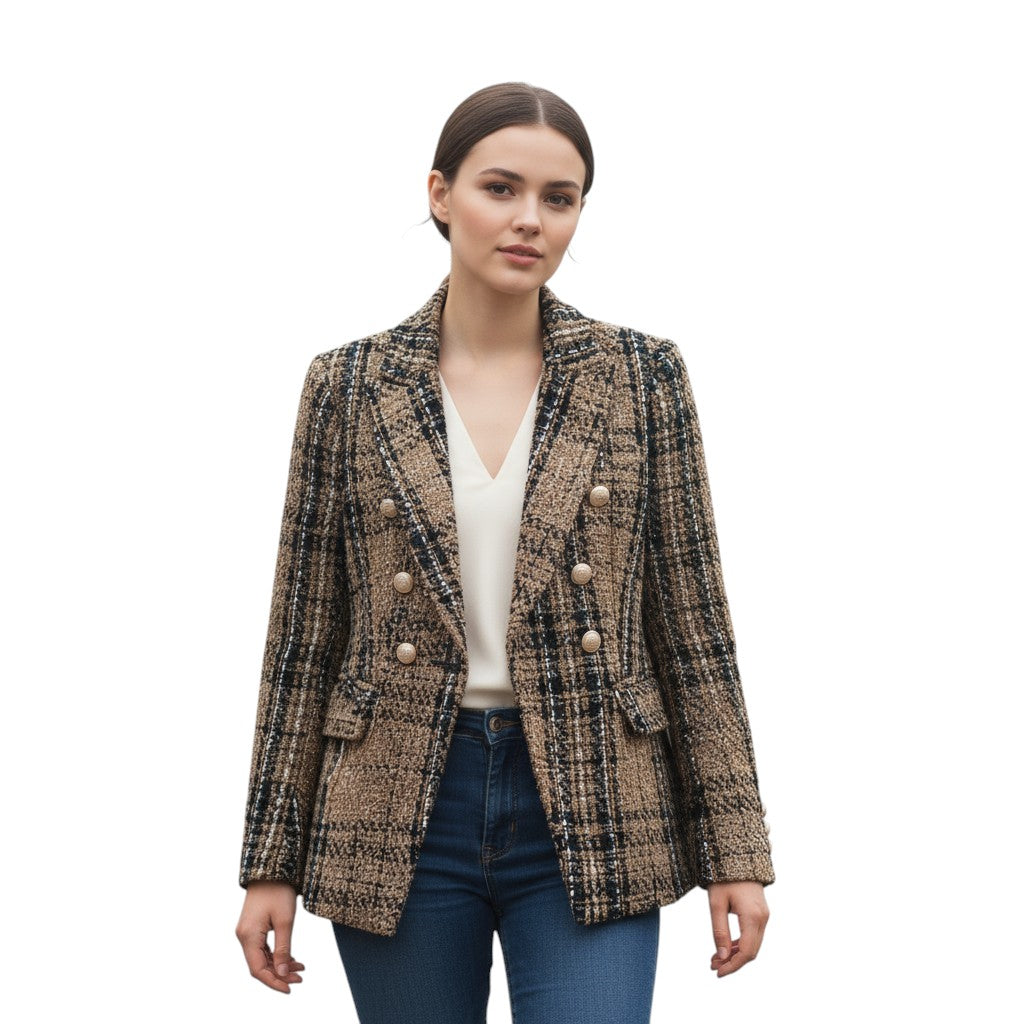 Women's Elegant Checkered Long Sleeve Blazer-Vyana Collective