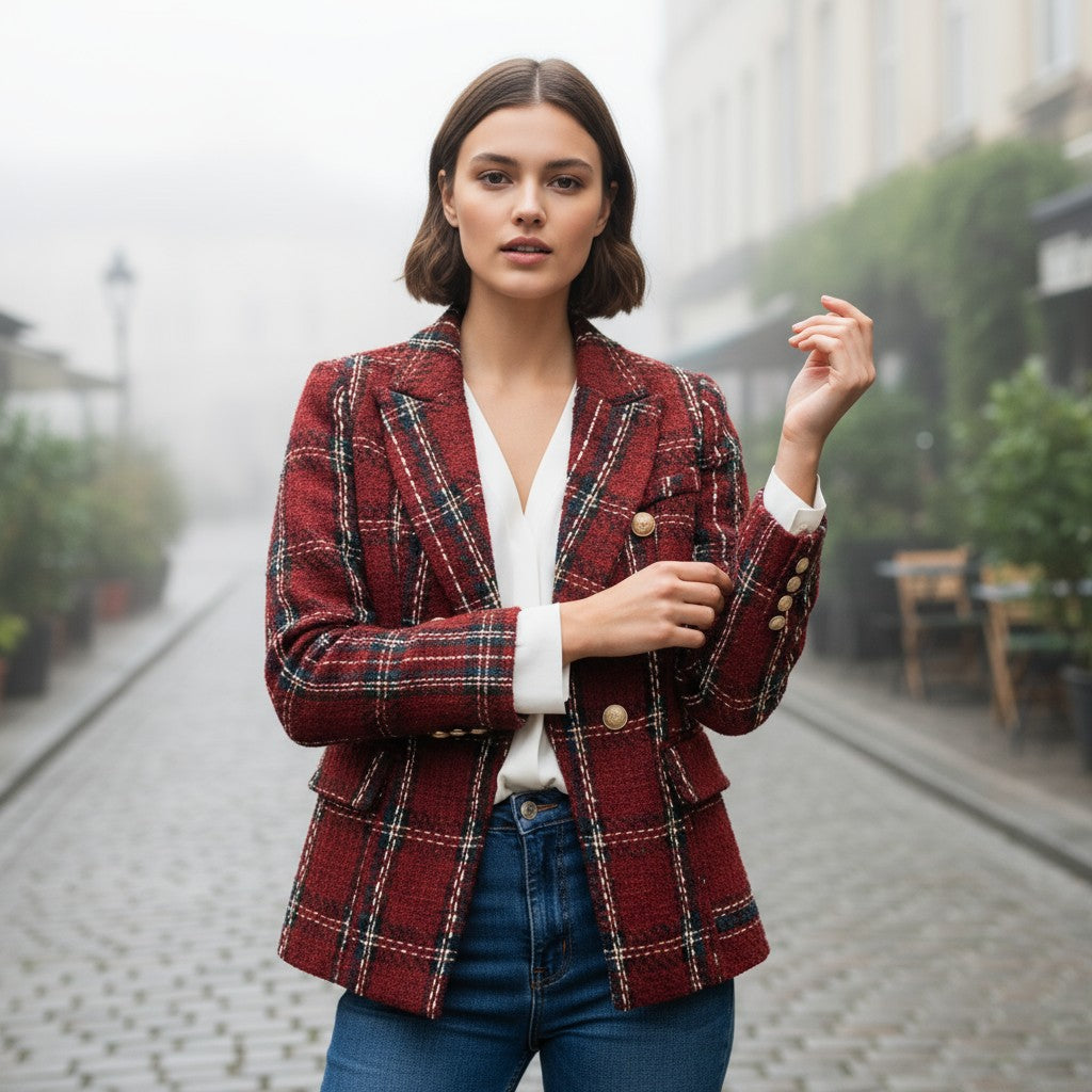 Women's Elegant Checkered Long Sleeve Blazer-Vyana Collective