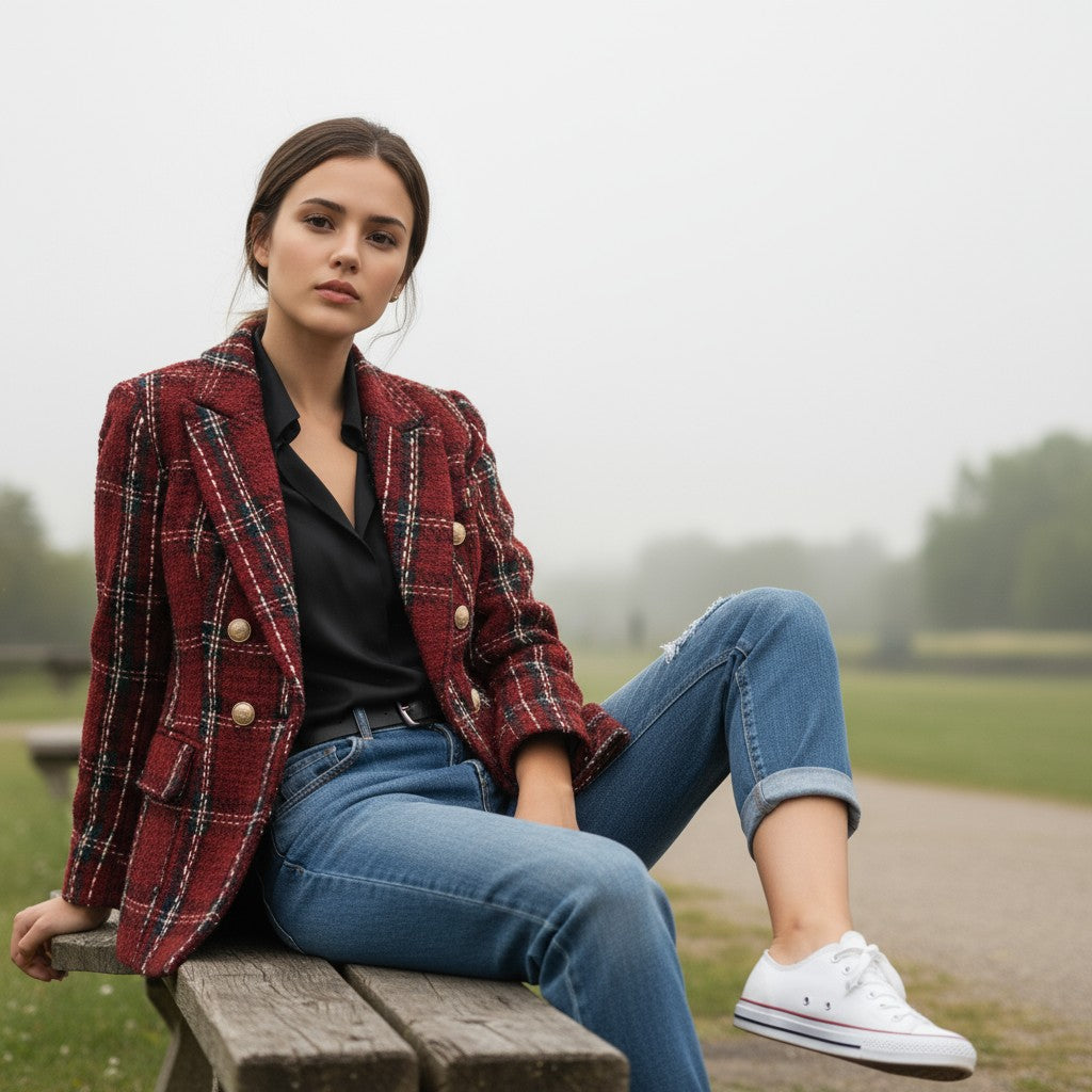 Women's Elegant Checkered Long Sleeve Blazer-Vyana Collective