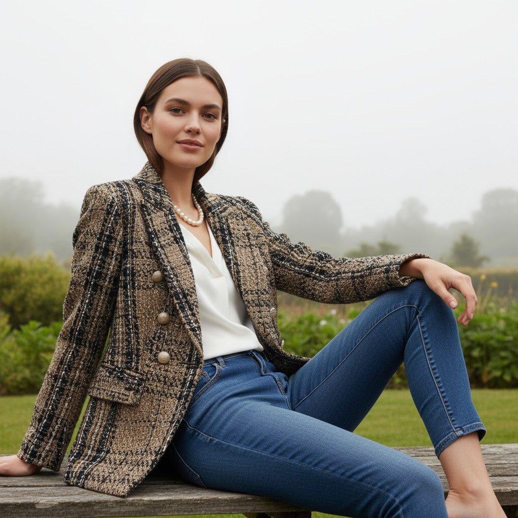 Women's Elegant Checkered Long Sleeve Blazer-Vyana Collective